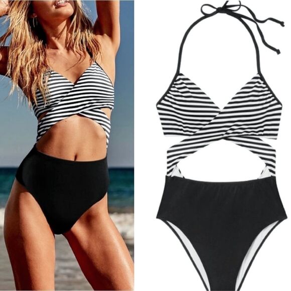 PINK VS Black White Striped One Piece Body Wrap Swimsuit Medium - Picture 1 of 12